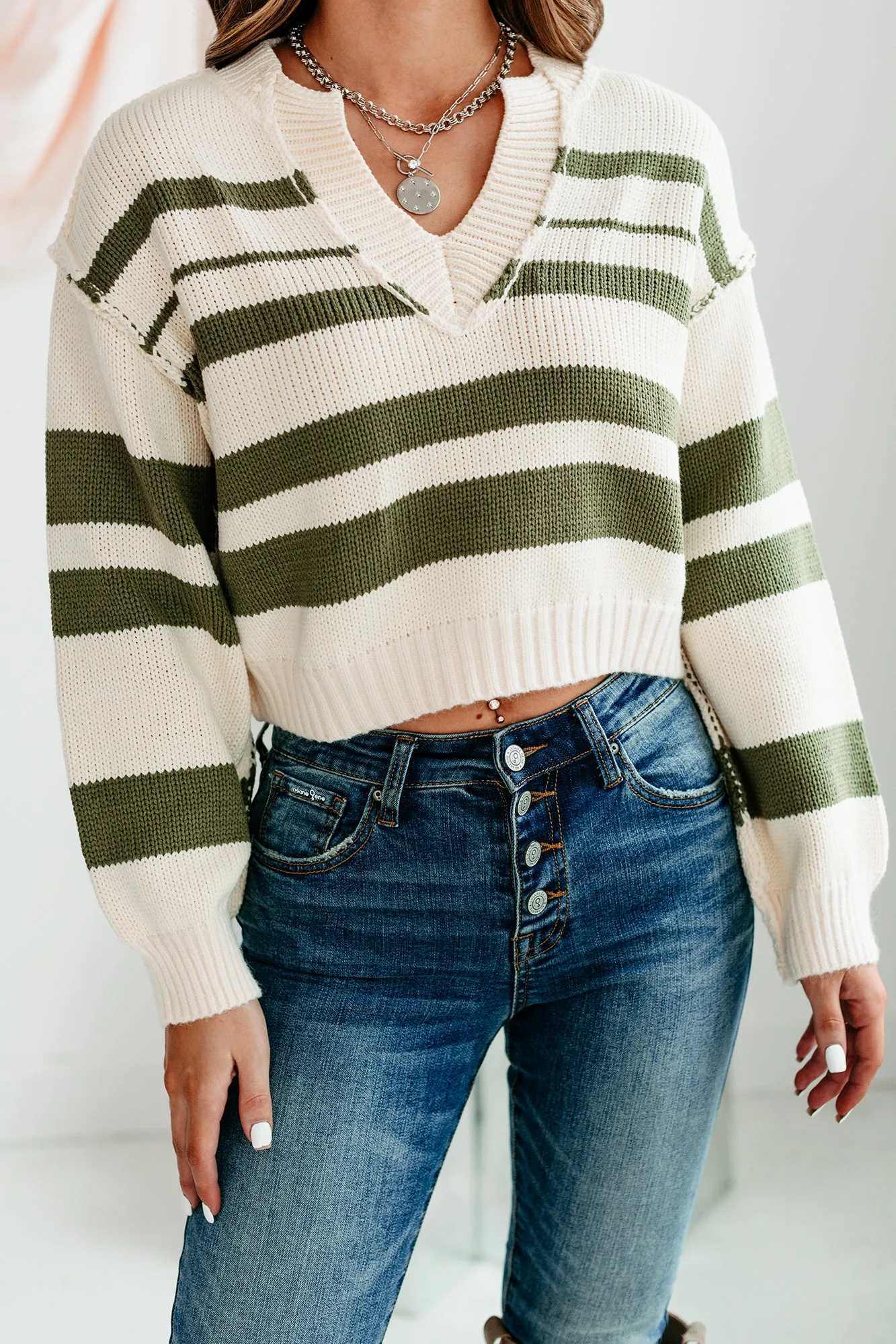 Agreeable Attitude Striped Cropped Sweater (Olive)