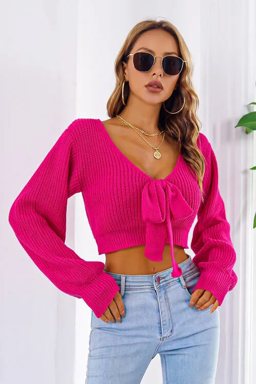 Alice Long Bishop Sleeve Cropped Sweater with Bow | 4 colors