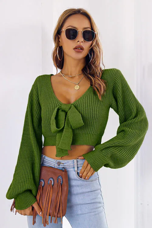 Alice Long Bishop Sleeve Cropped Sweater with Bow | 4 colors