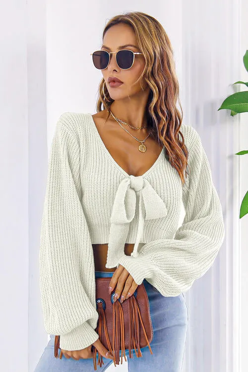 Alice Long Bishop Sleeve Cropped Sweater with Bow | 4 colors