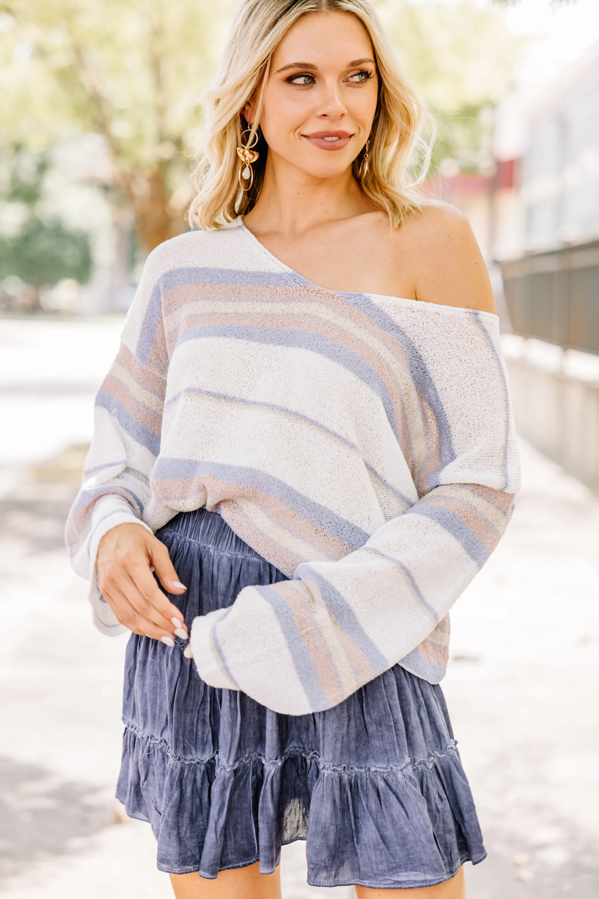 Always Easy Ivory White Striped Sweater