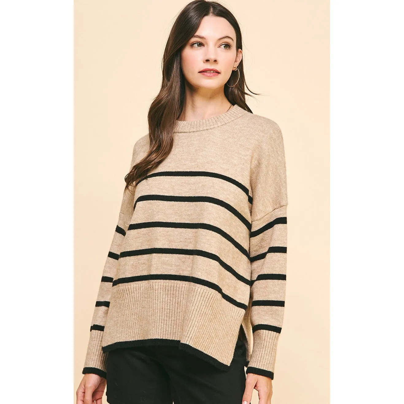 Avia Beige Black Striped PINCH Sweater