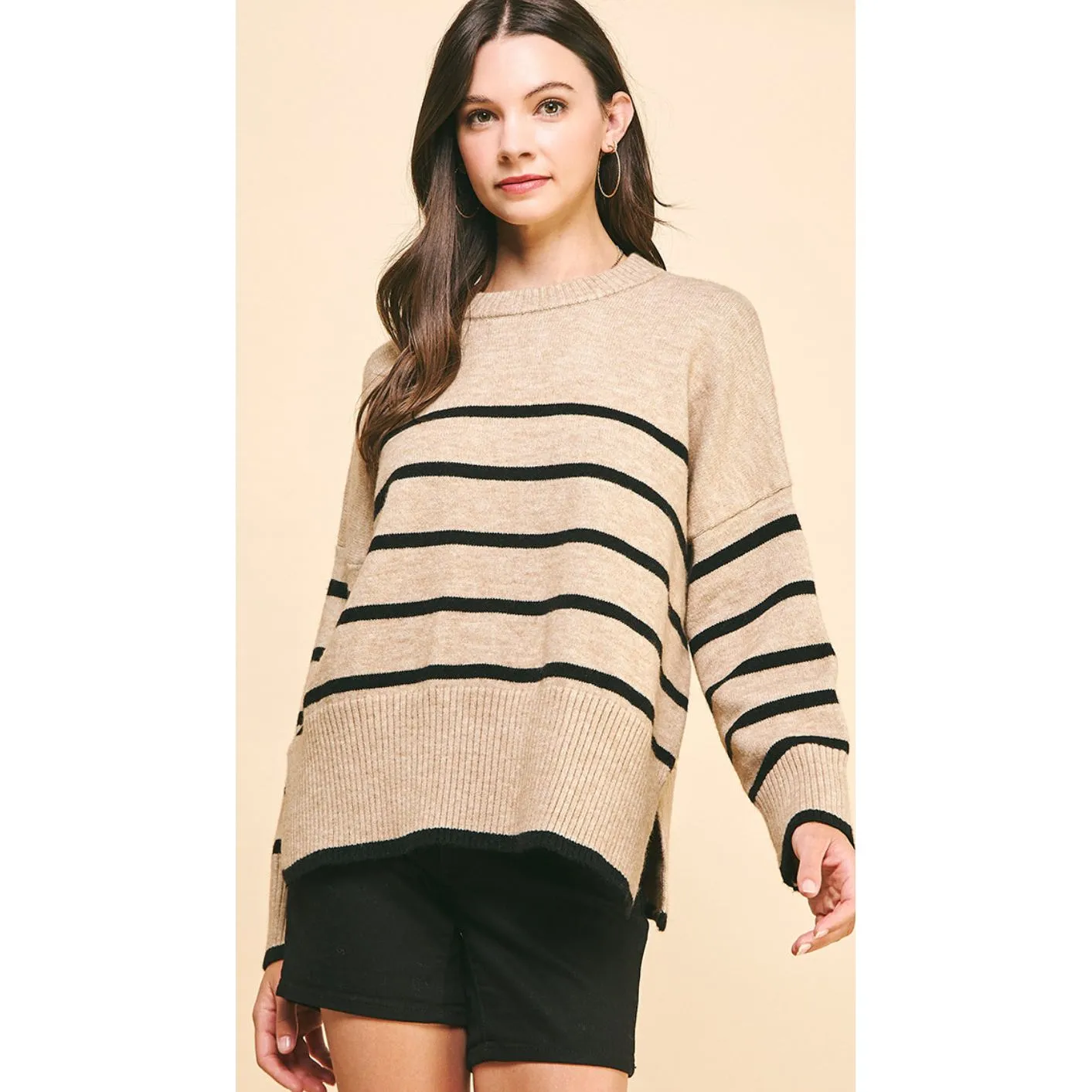 Avia Beige Black Striped PINCH Sweater