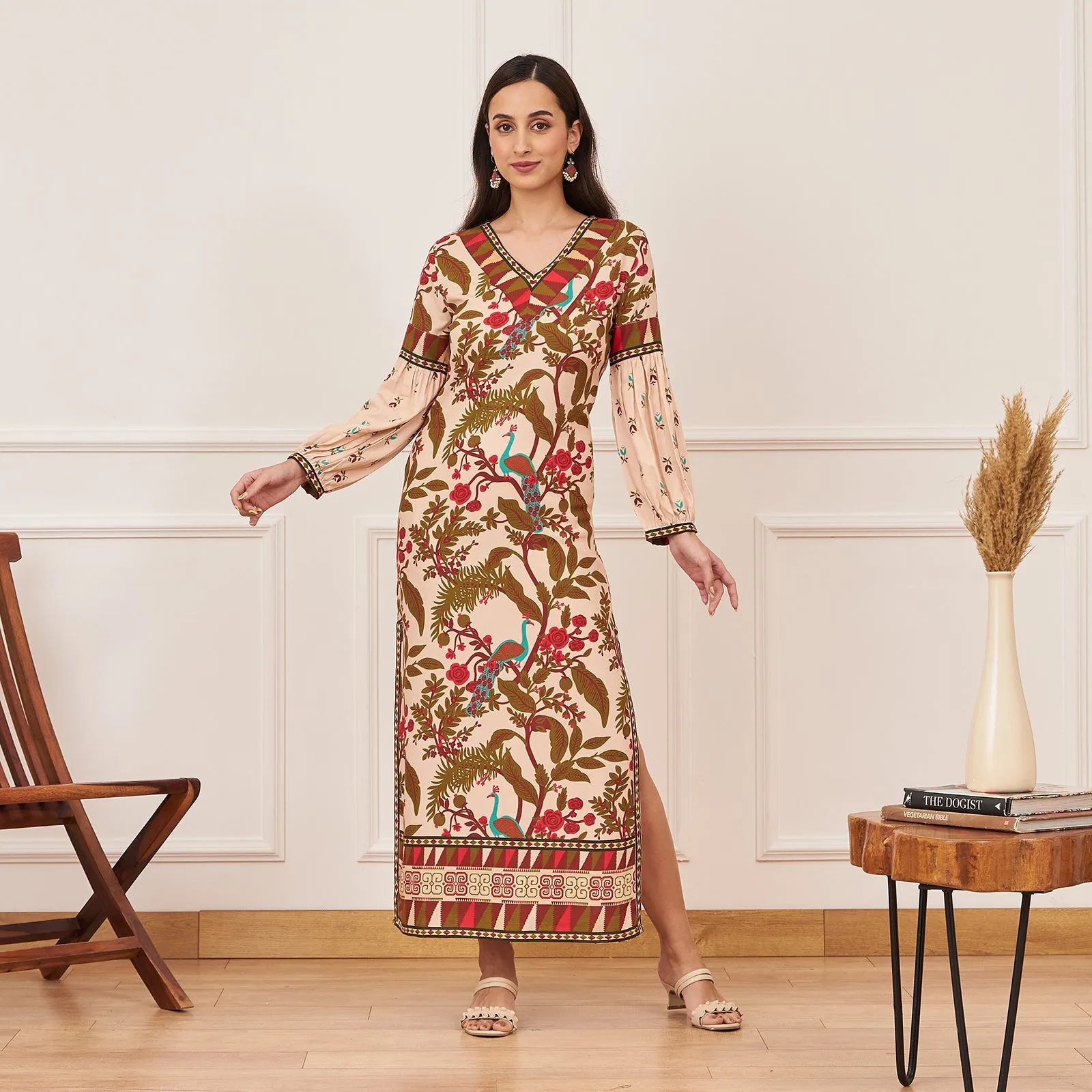 Beige Peacock Printed Side Slit Maxi Dress