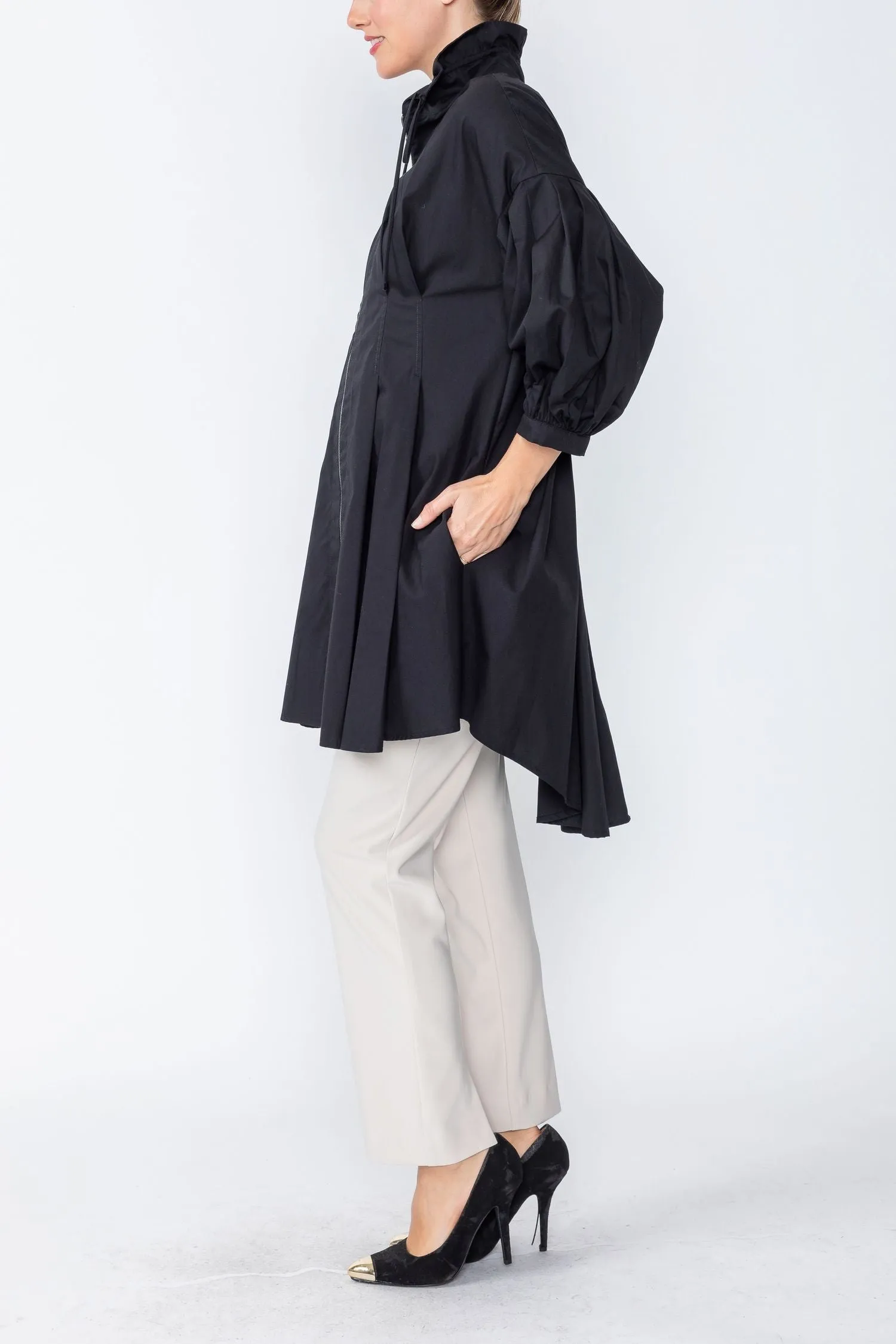 Black Stand Shirring Collar Waist-Pleats Darkts Jacket