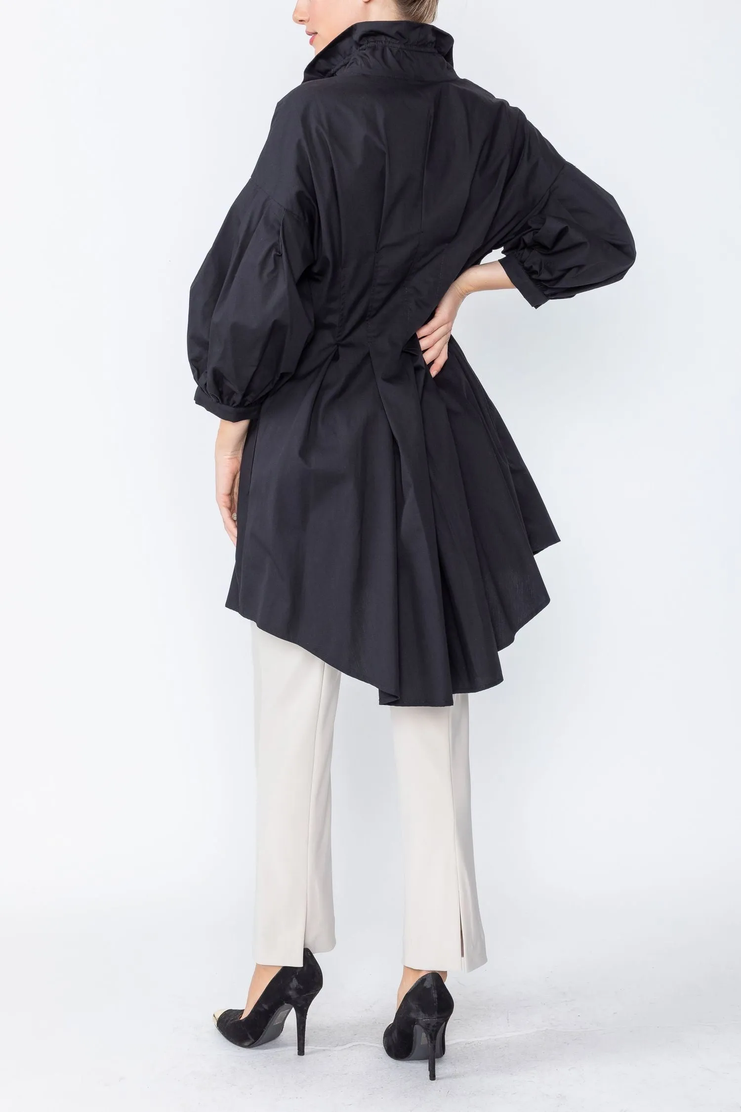 Black Stand Shirring Collar Waist-Pleats Darkts Jacket