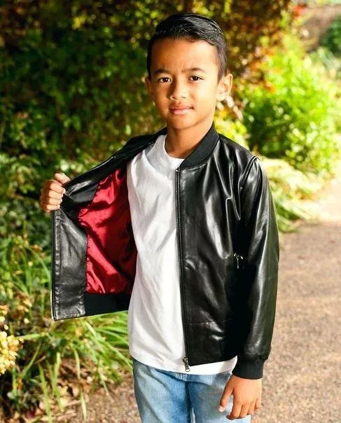 Boys GIrls Kids Unisex Real leather Bomber Style Jacket Varsity Zip Black Blue