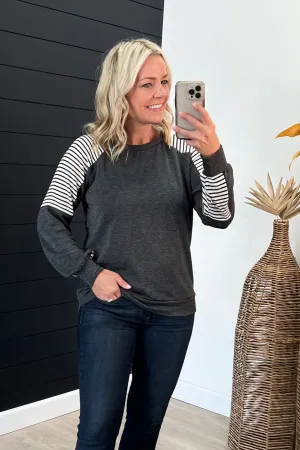 Charcoal Striped Sleeve Knit Top