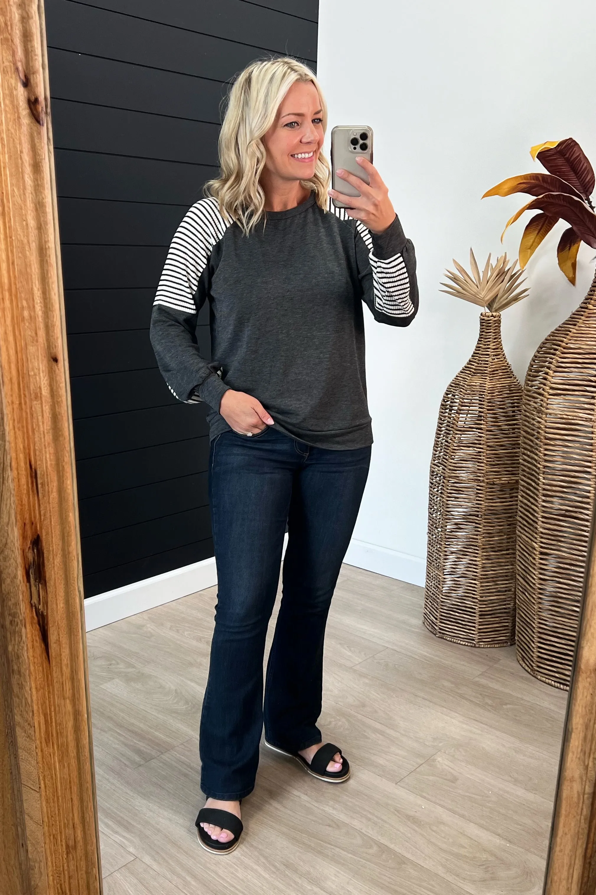 Charcoal Striped Sleeve Knit Top