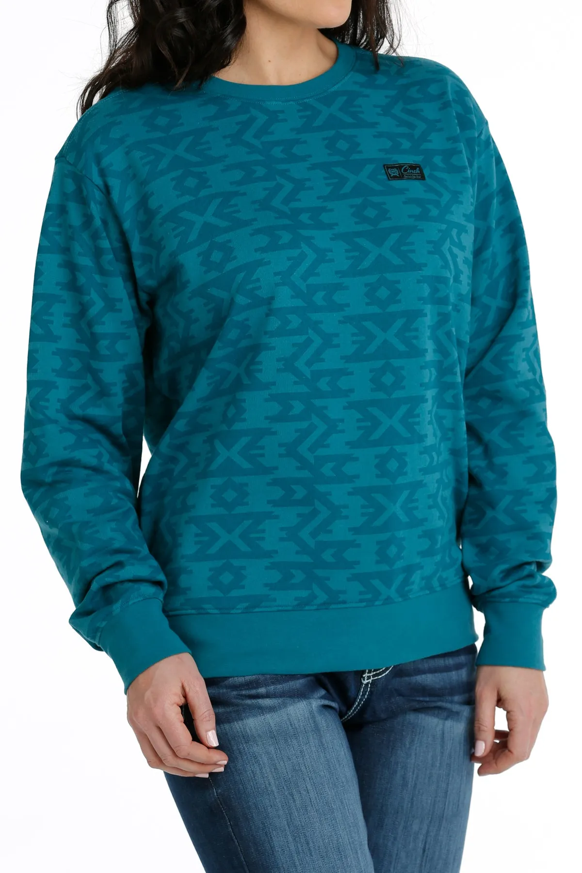 Cinch Women's Teal Southwest Print Pullover Crew Neck Sweater