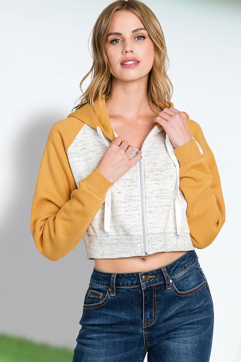 CONTRAST RAGLAN SLEEVE CROP ZIP UP HOODIE