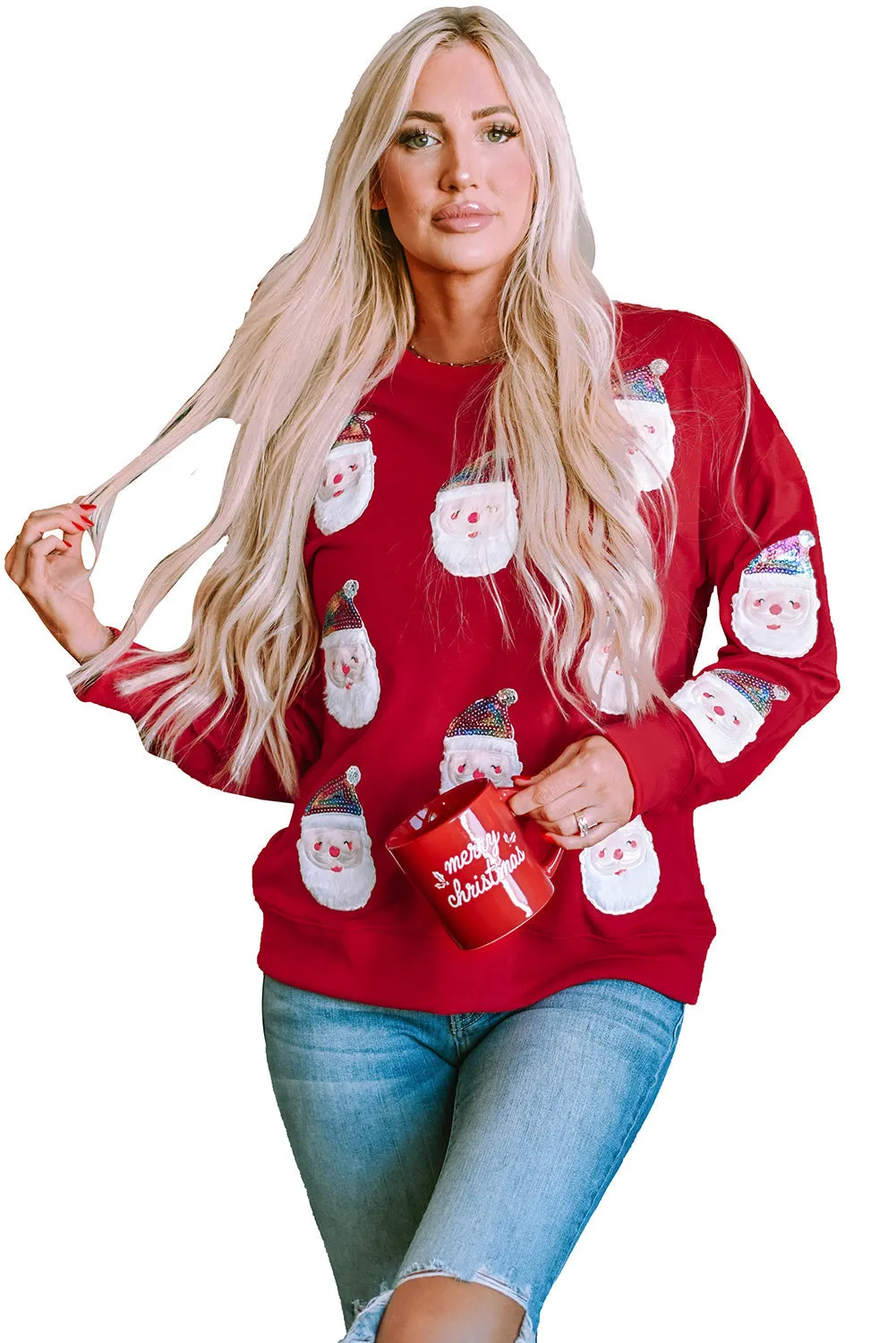 Fiery Red Sequined Clause Graphic Sweatshirt