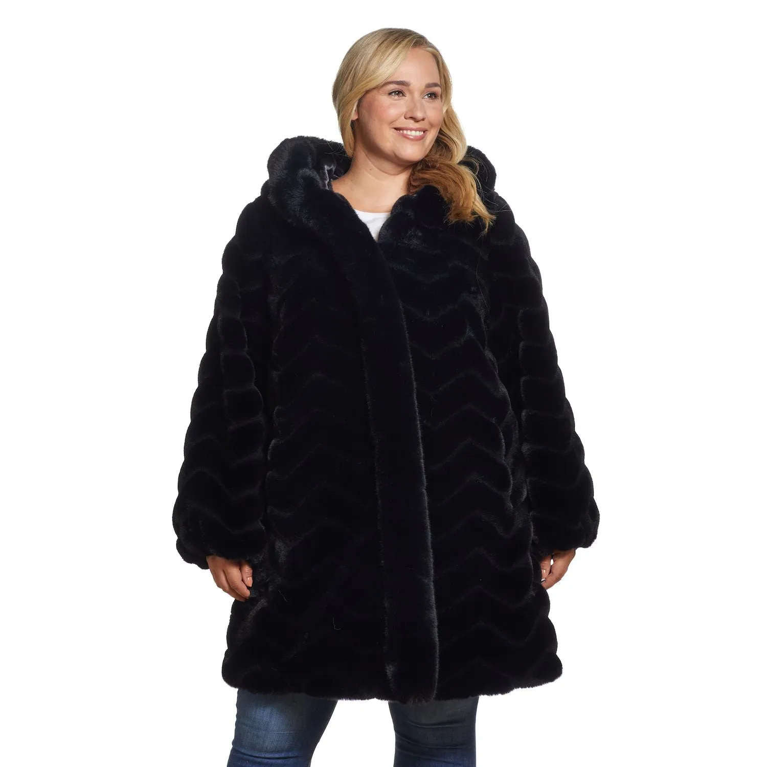 Gallery Plus Size Faux Fur Bib Overalls with Gallery Hood black