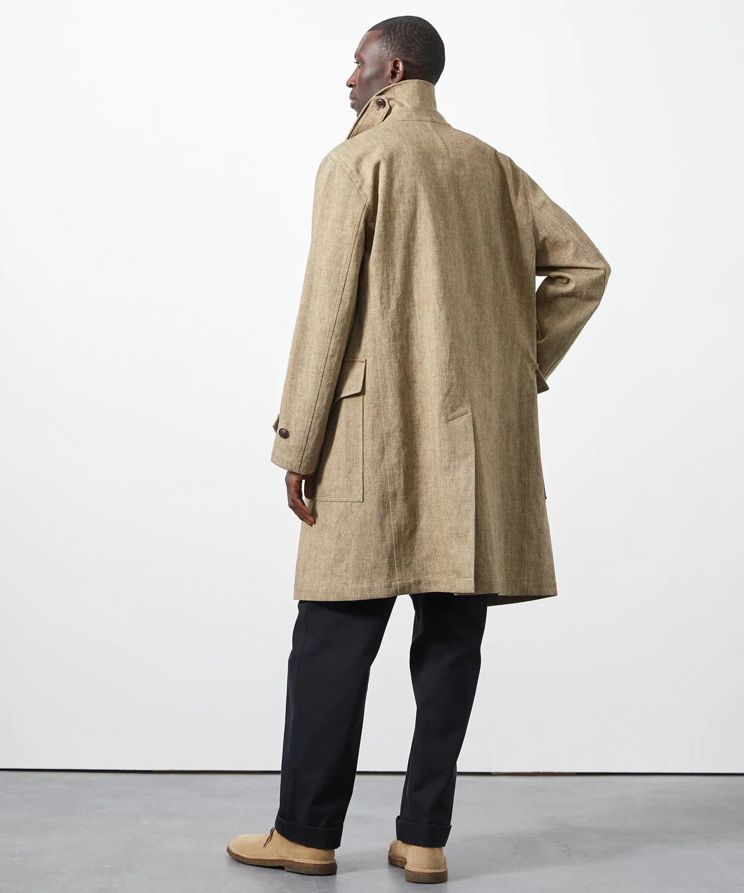 Italian Bonded Linen Military Trench in Brown