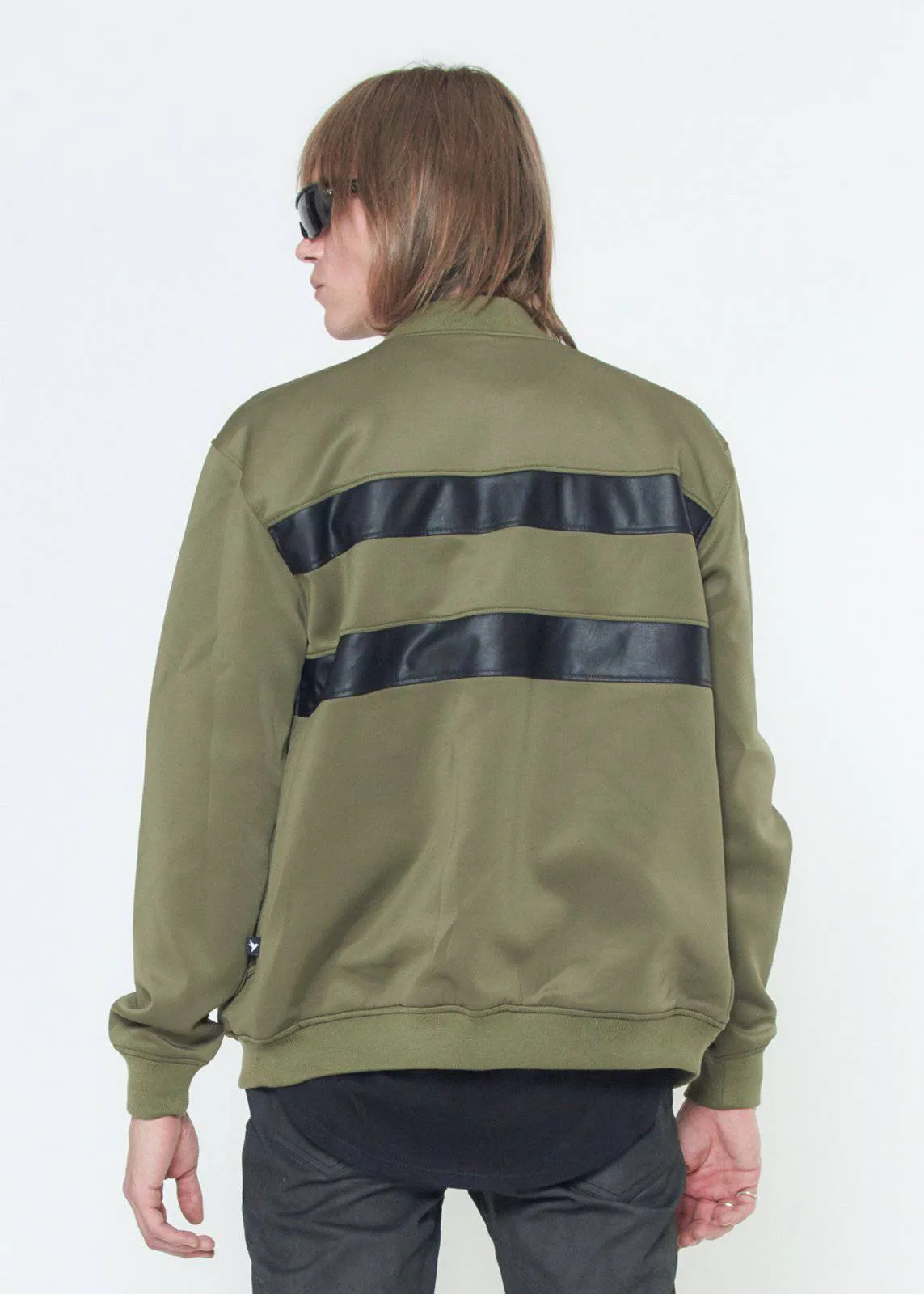 Konus Men's Bomber Jacket With Faux Leather Stripes in Olive