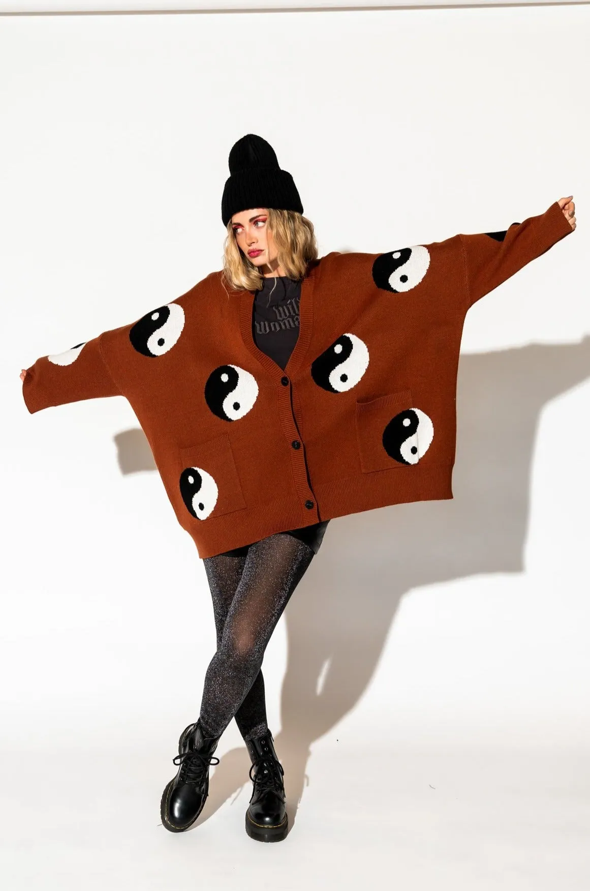 Main Character Energy Oversized Yin Yang Cardigan in Cinnamon