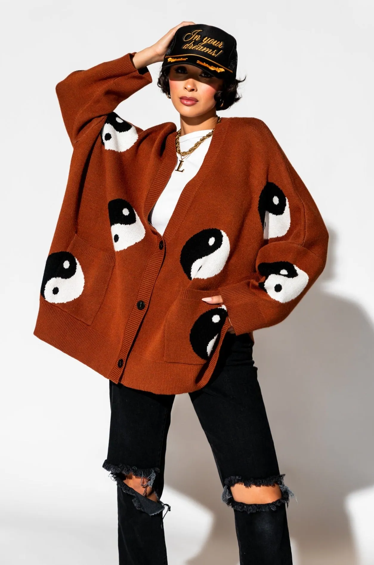 Main Character Energy Oversized Yin Yang Cardigan in Cinnamon