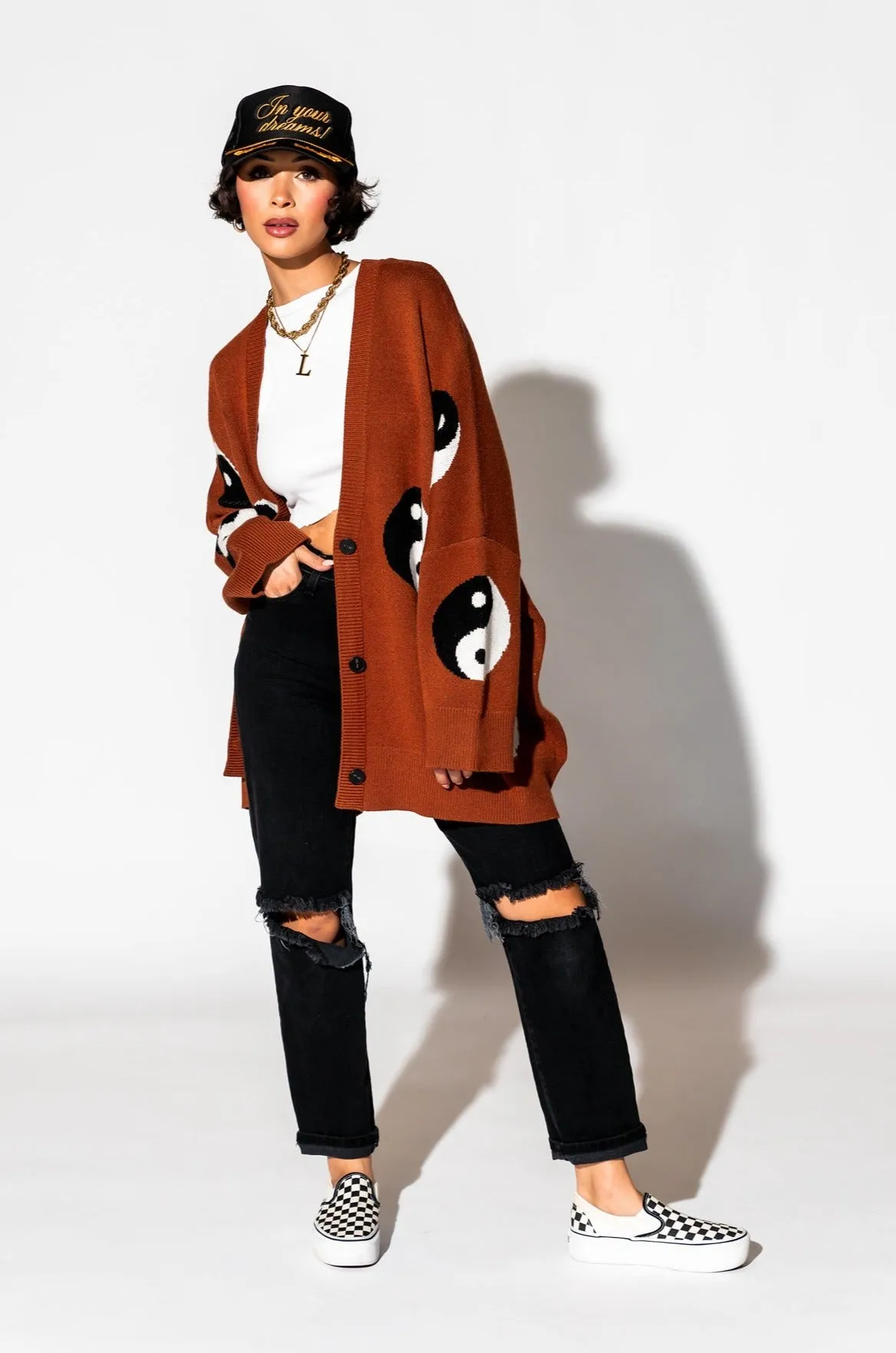 Main Character Energy Oversized Yin Yang Cardigan in Cinnamon