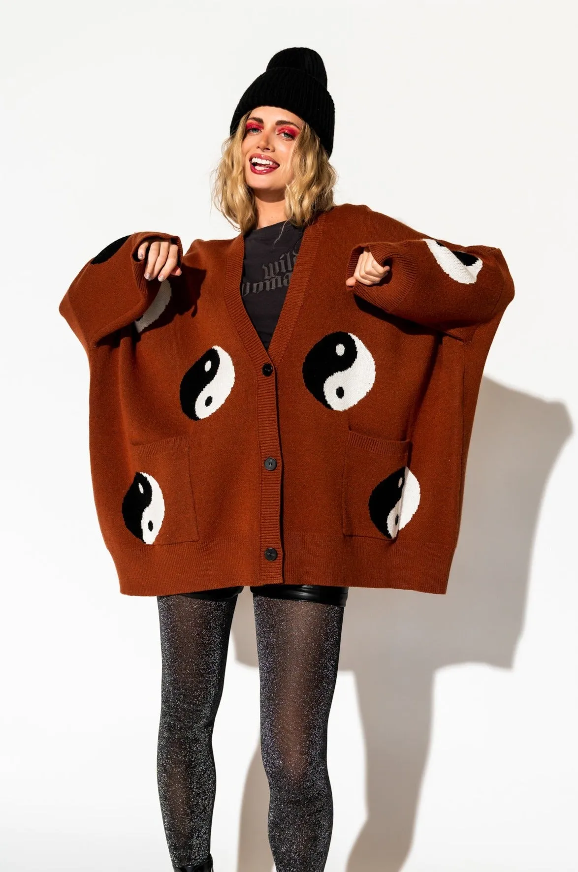 Main Character Energy Oversized Yin Yang Cardigan in Cinnamon