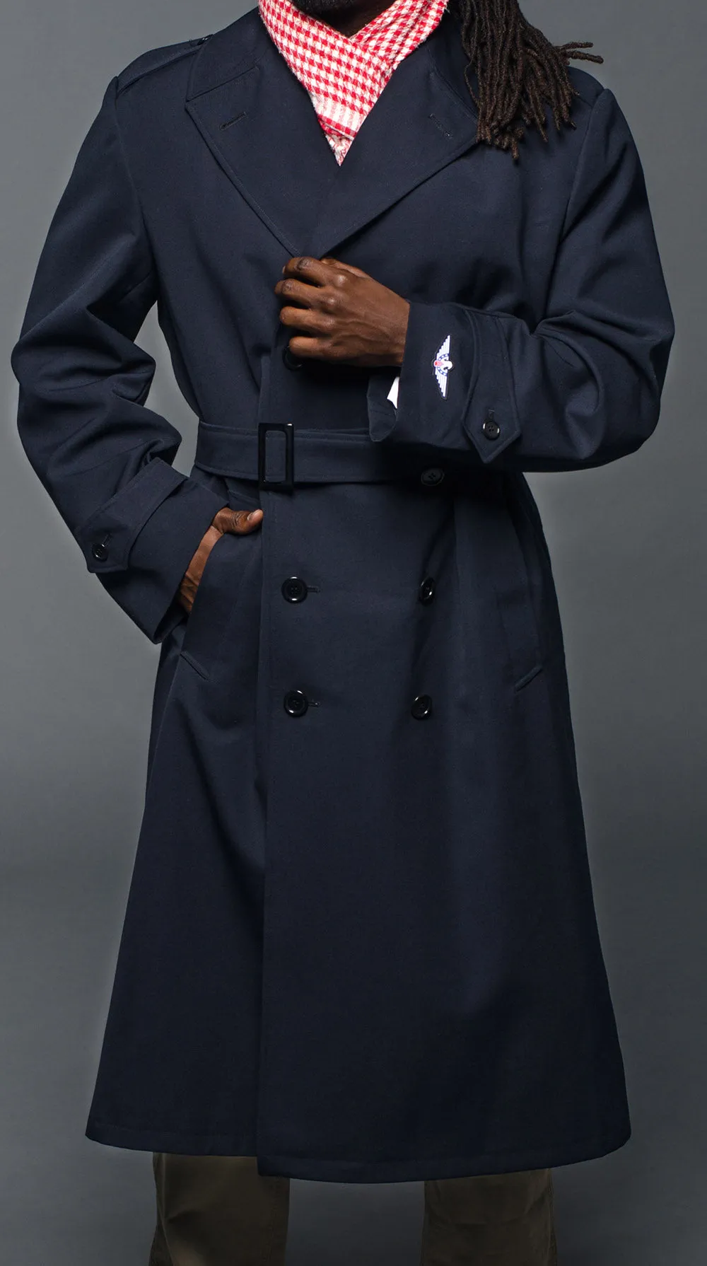 Military Style Navy Blue Gabardine Trench Coat w/Belt