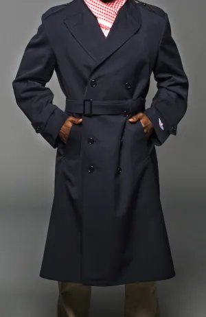 Military Style Navy Blue Gabardine Trench Coat w/Belt