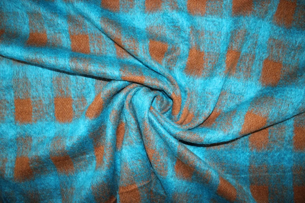 Mohair Blend Plaid Coating - Turquoise/Brown