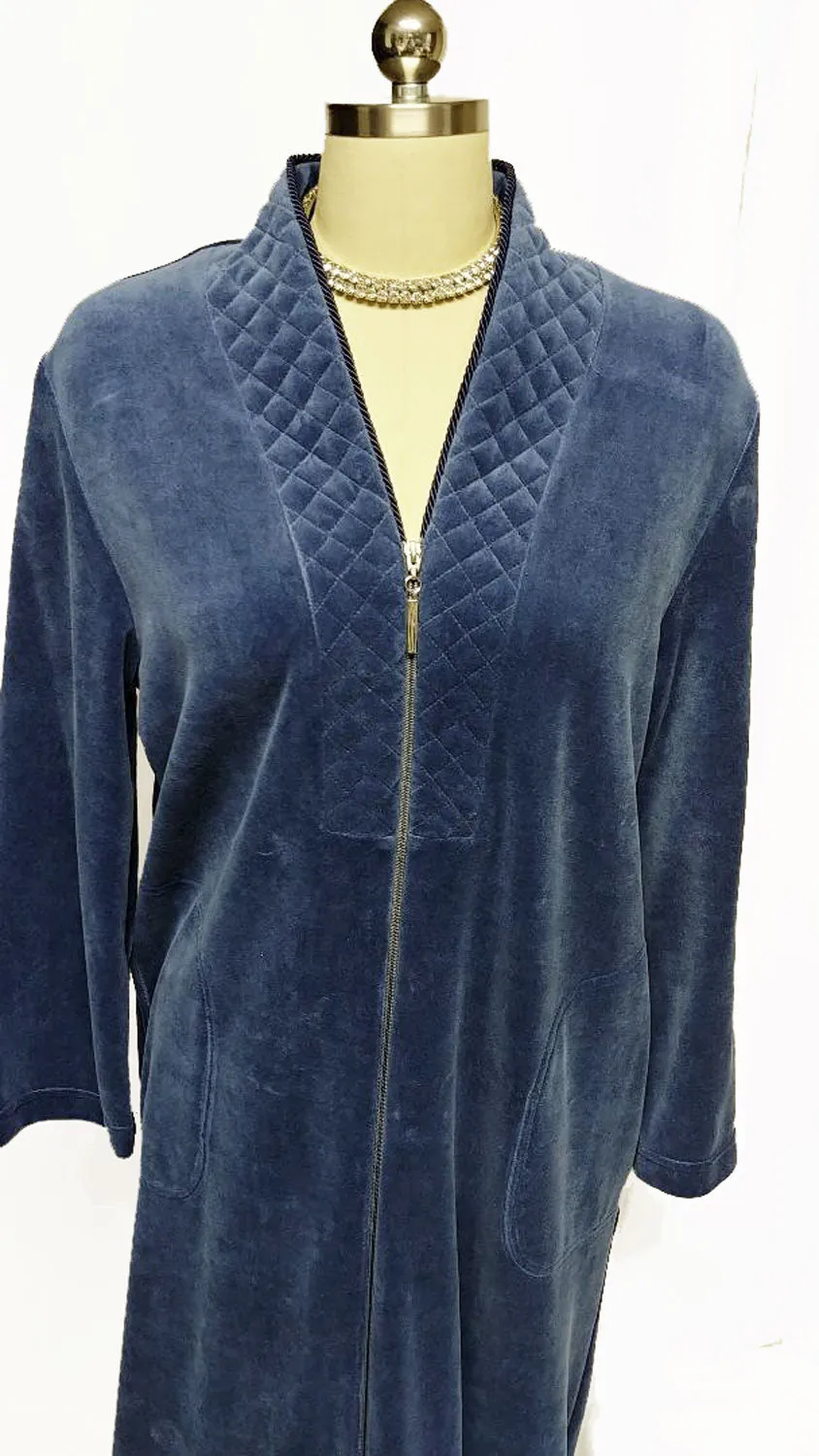 *NEW - DIAMOND TEA LUXURIOUS ZIP UP FRONT VELOUR ROBE IN INDIGO #1 - SIZE SMALL