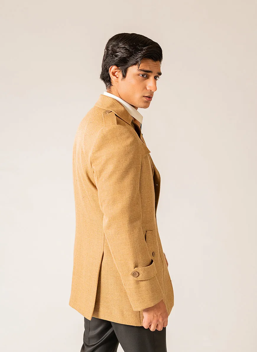 Plain-Peanut Brown, Wool Rich Worsted Tweed Double Jacket