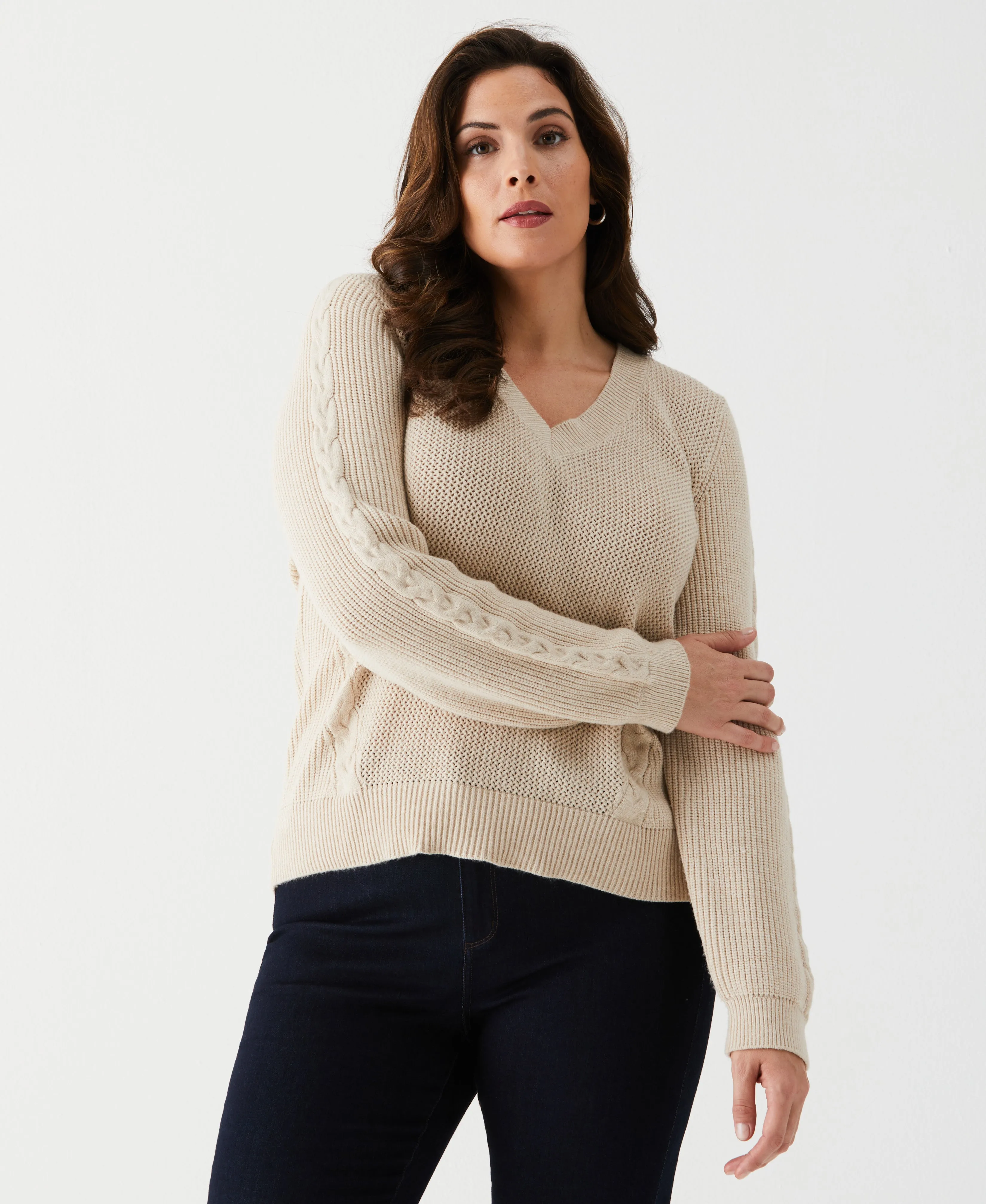 Plus Size Cable Knit V-Neck Sweater