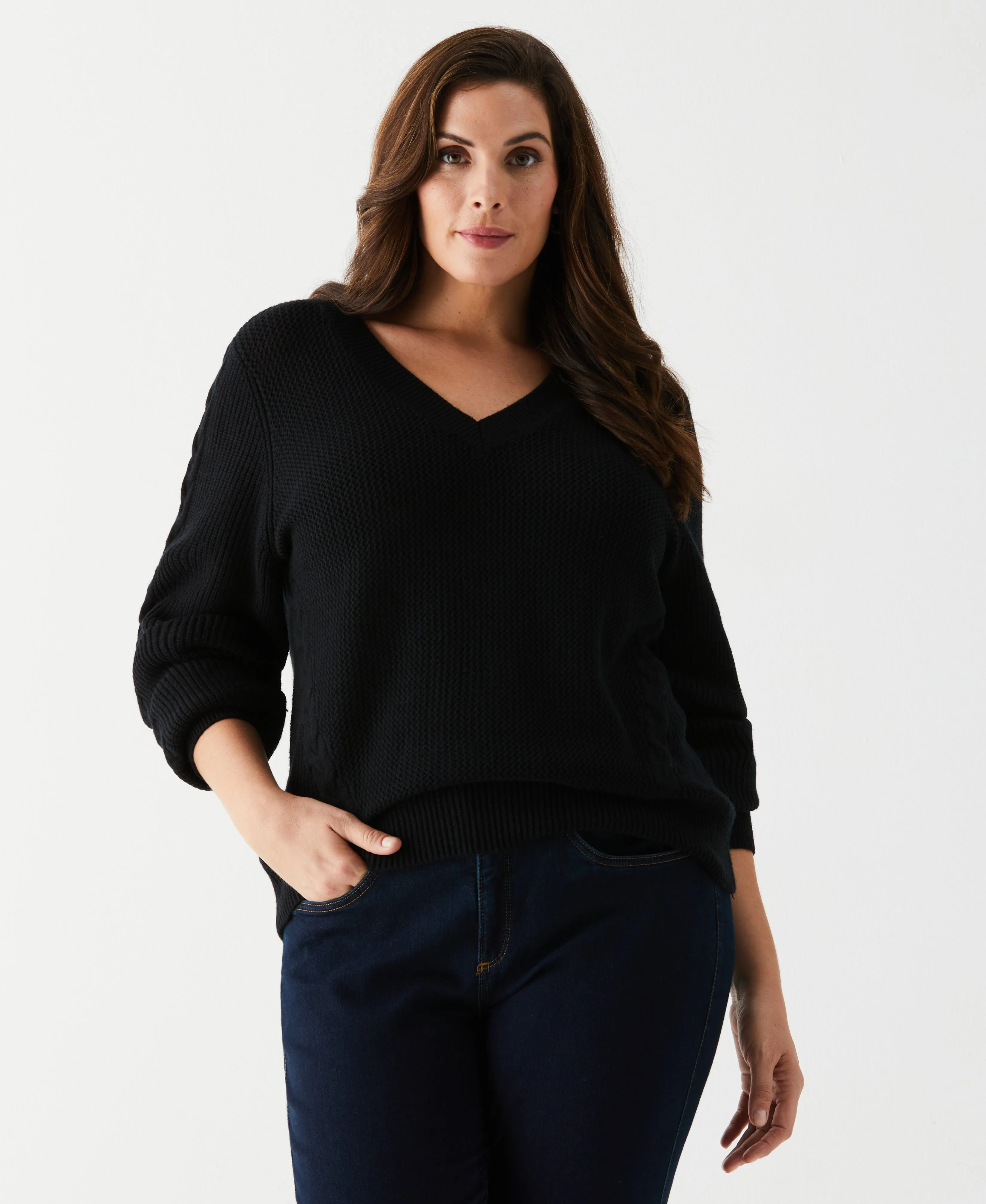 Plus Size Cable Knit V-Neck Sweater