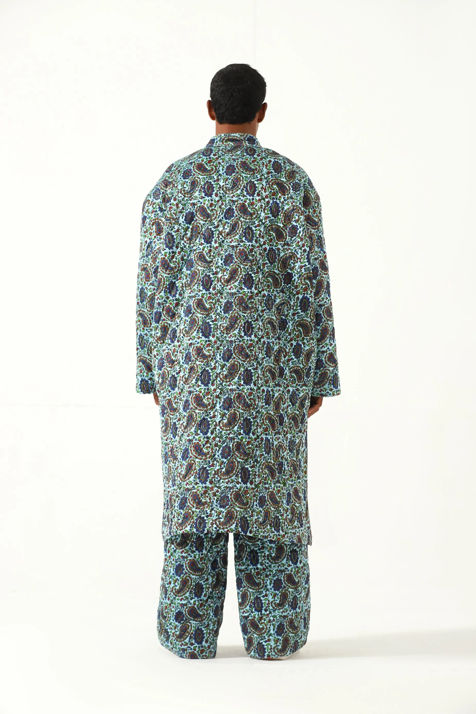 QUILTED SILK BLOCKPRINT LONG COAT