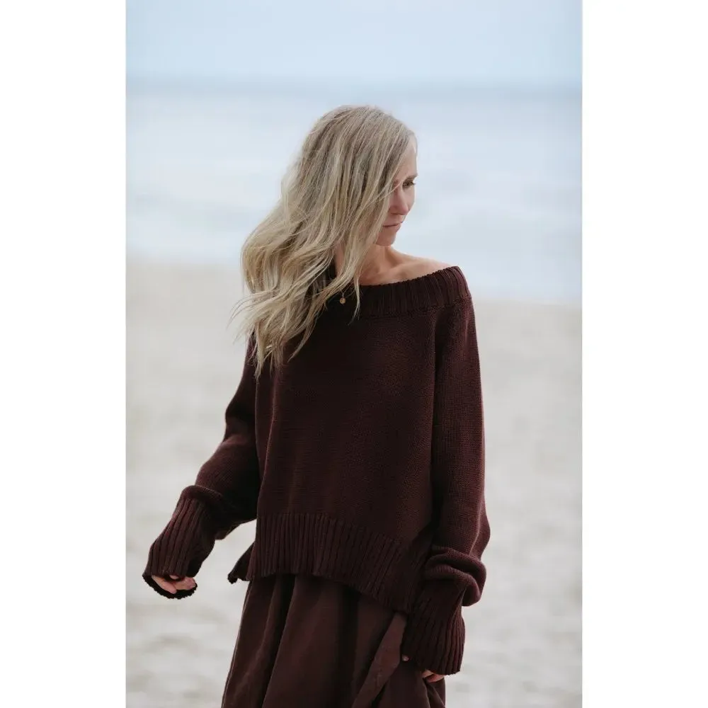 Recycled cotton boatneck sweater in brown by Seaside Tones