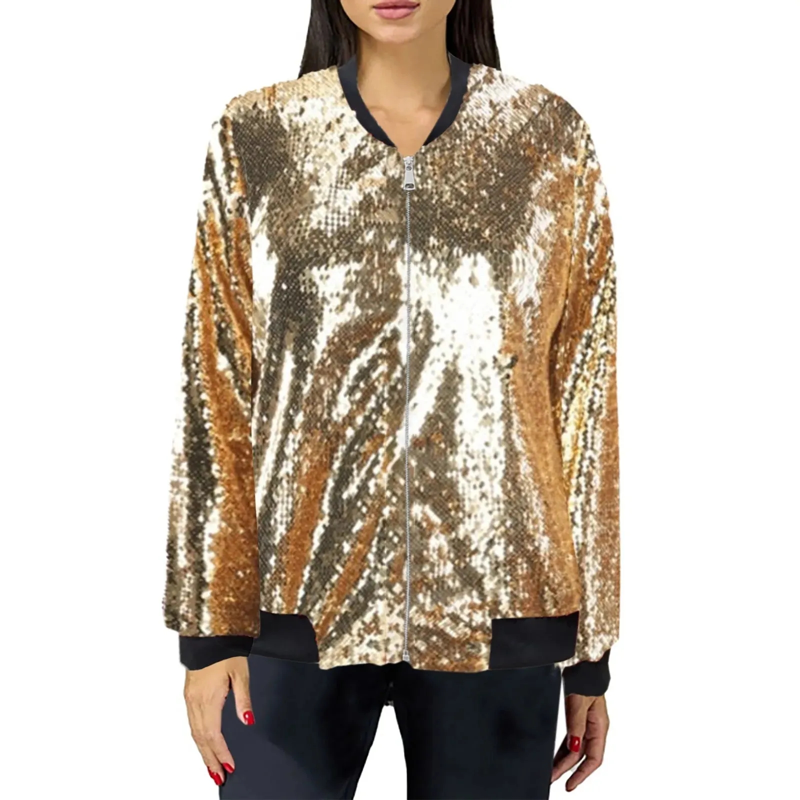 Sequin Bomber Zipper Loose Basic Lady Jacket