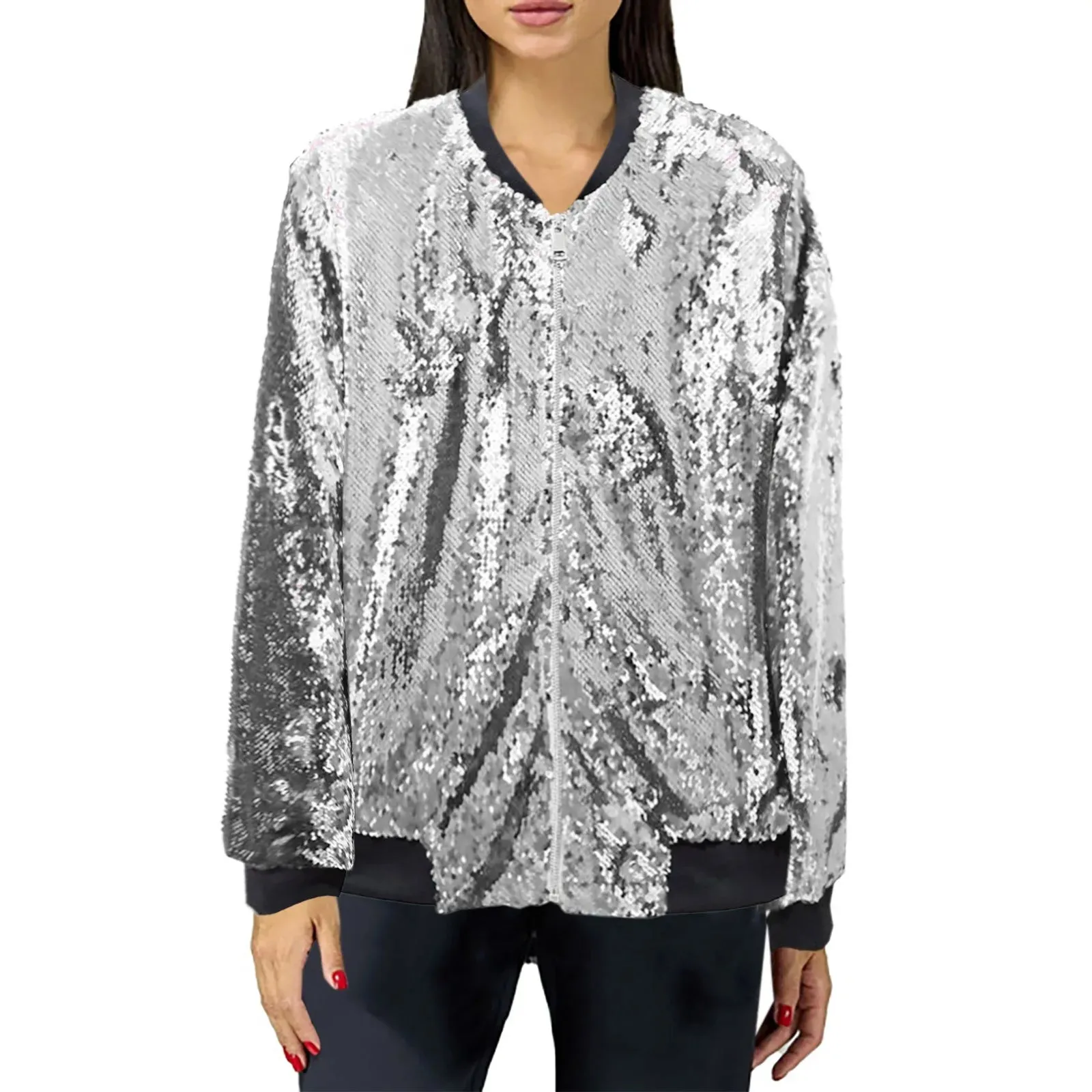 Sequin Bomber Zipper Loose Basic Lady Jacket