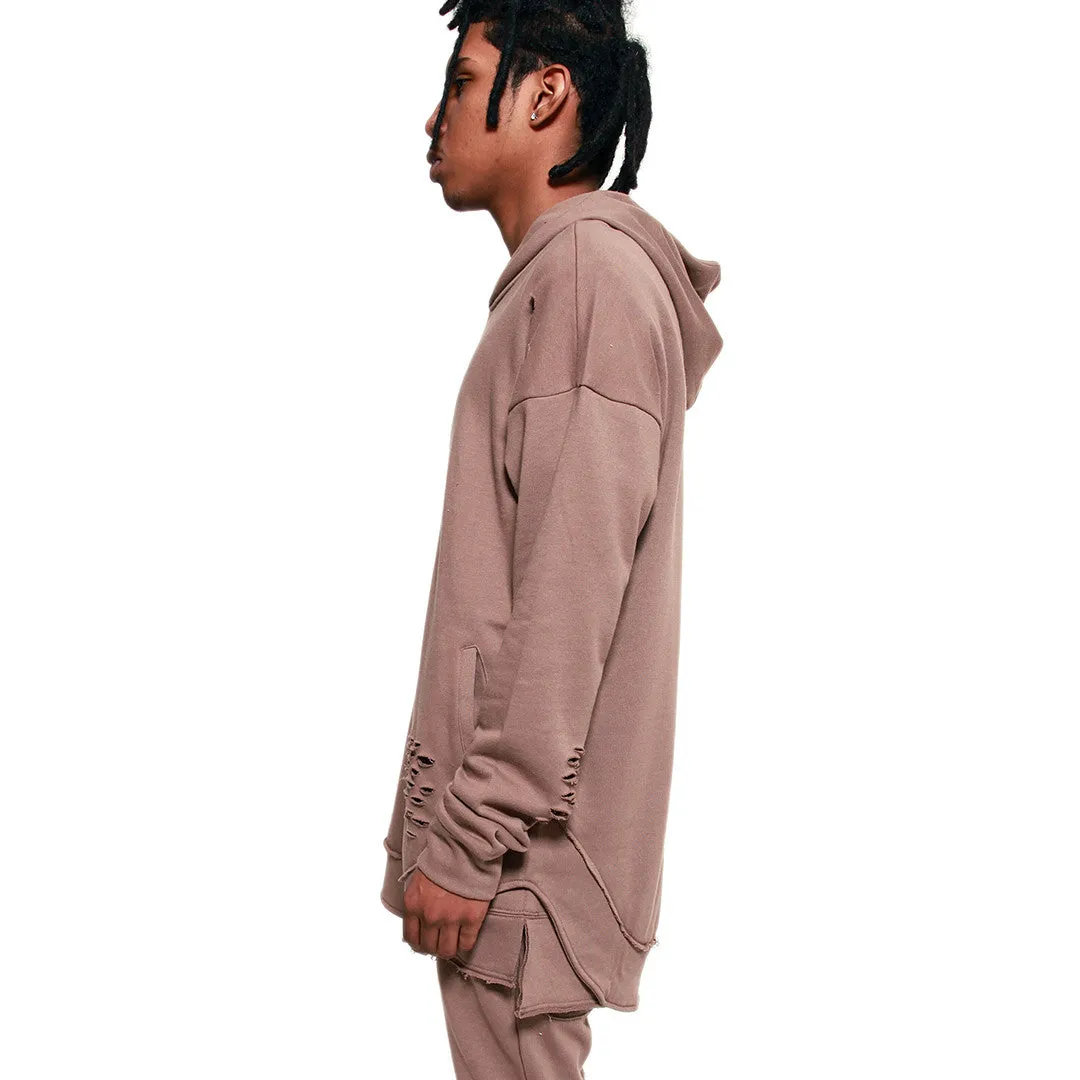 Taupe Curved Hem Men Distressed Scoop Hoodie