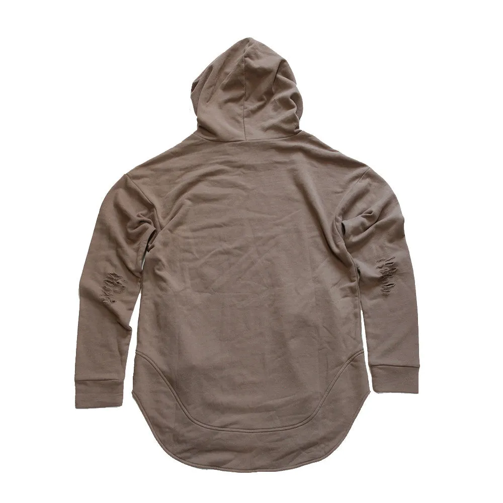 Taupe Curved Hem Men Distressed Scoop Hoodie