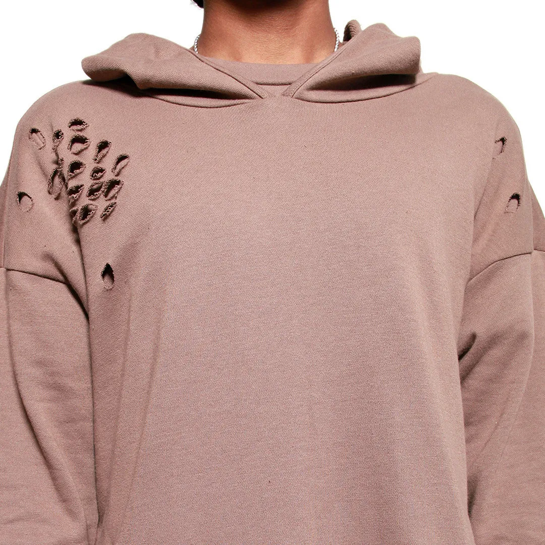 Taupe Curved Hem Men Distressed Scoop Hoodie