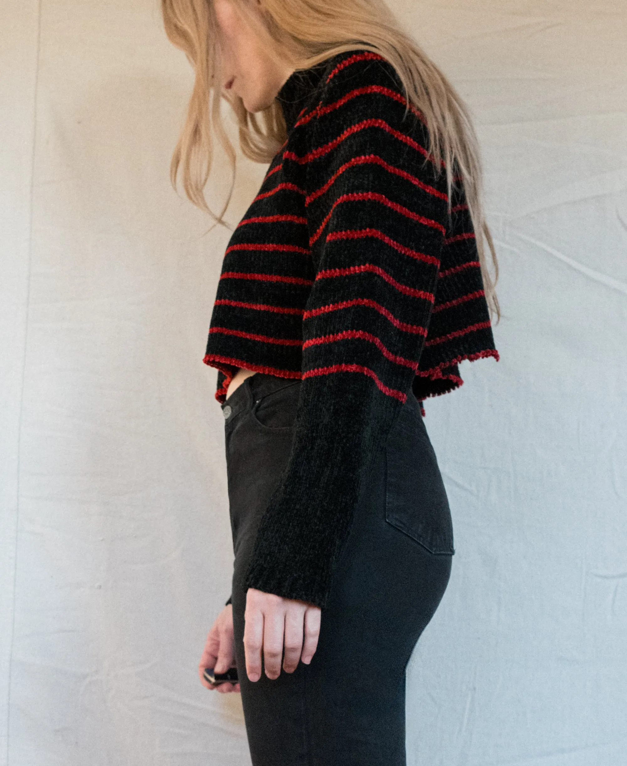 Vintage Striped Chenille Knit Crop Sweater (S)