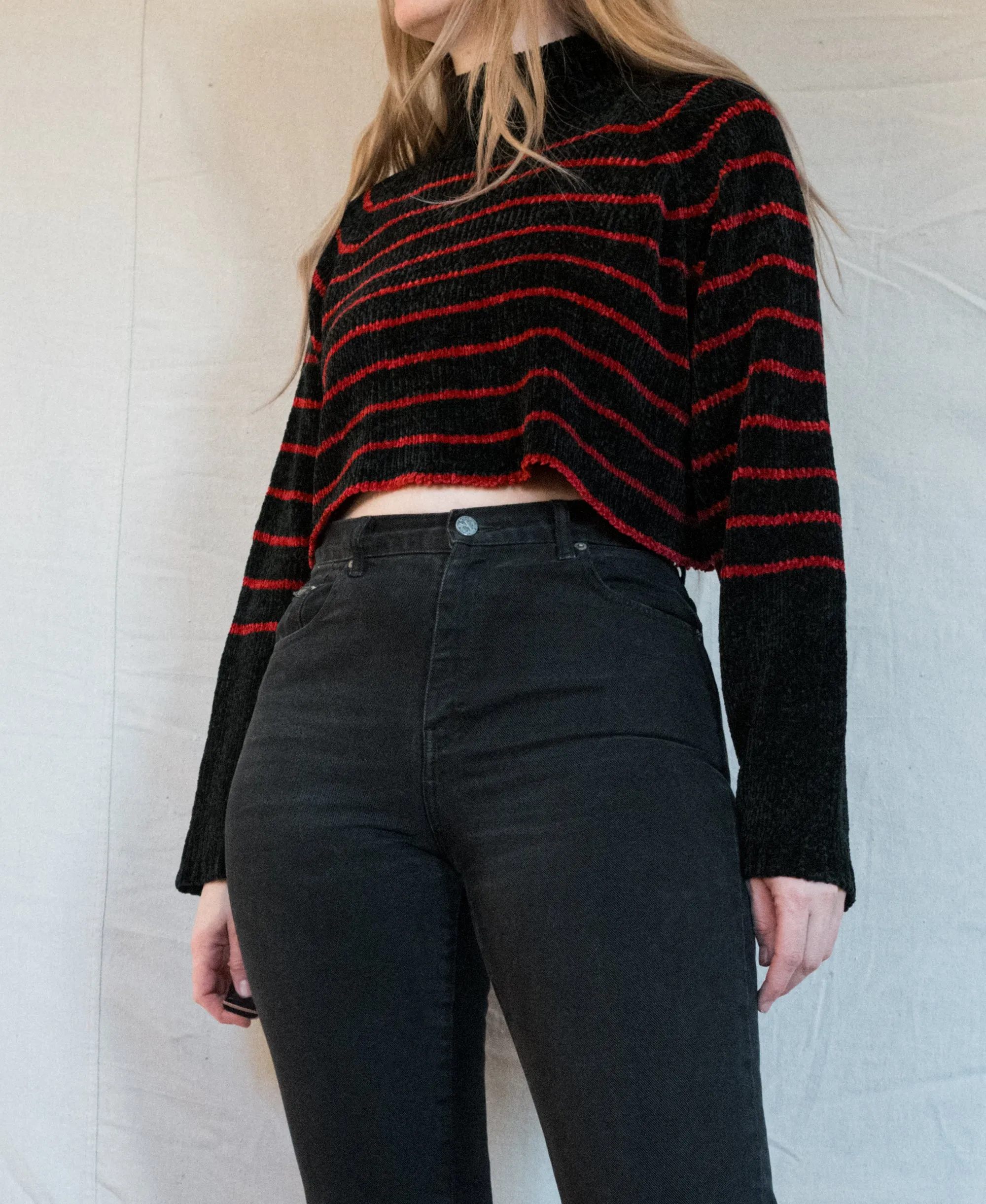 Vintage Striped Chenille Knit Crop Sweater (S)