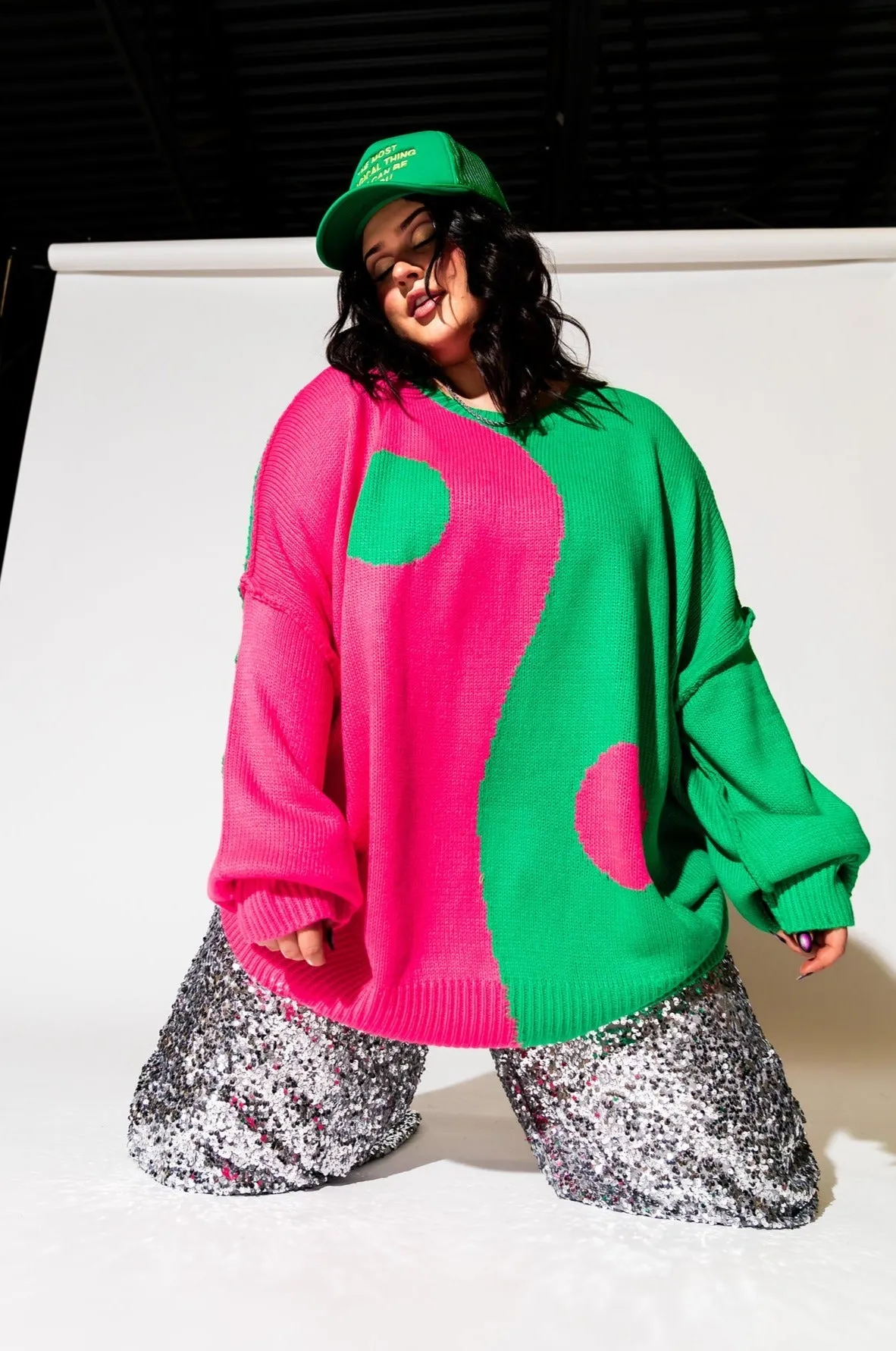 Yin Yang Gang Oversized Knit in Electric Watermelon